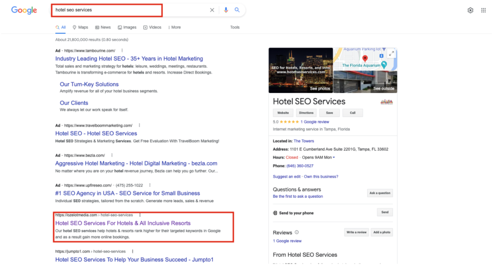 Proof that we have been able to rank #1 for our main targeted keyword "hotel seo services"