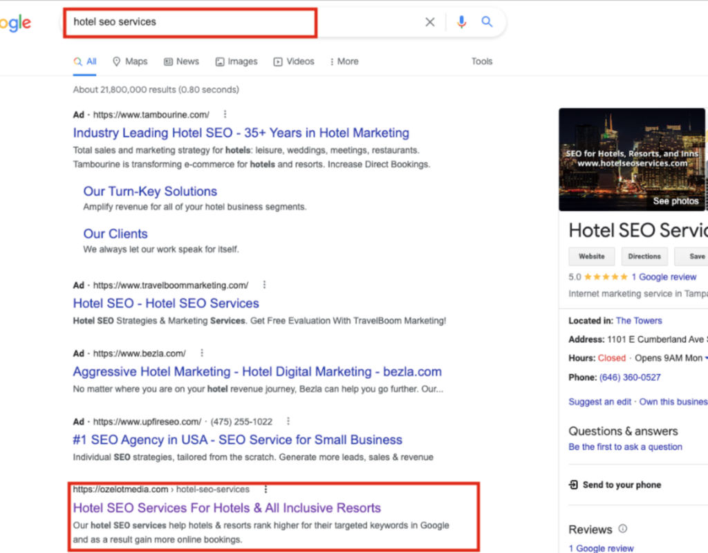 Ranking #1 For Targeted Keyword of Hotel SEO Services